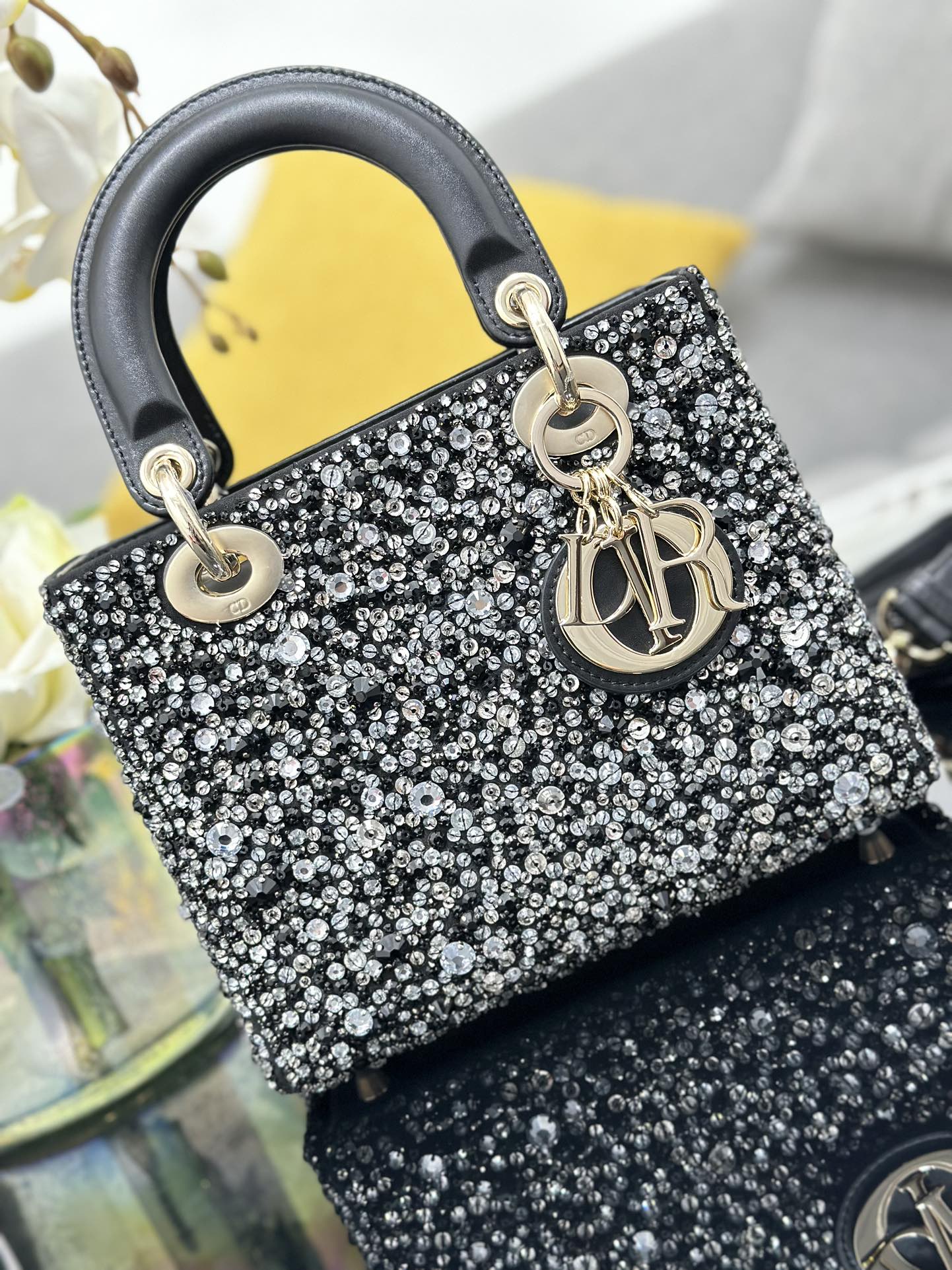 Small Lady Dior Bag Black Satin Embroidered with Bead Diamond